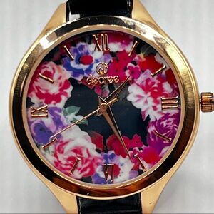 Decree Rose Gold Watch With Beautiful Floral Face Woven Leather Band